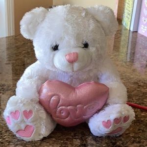 White Valentine Teddy Bear Holding a Pink Heart